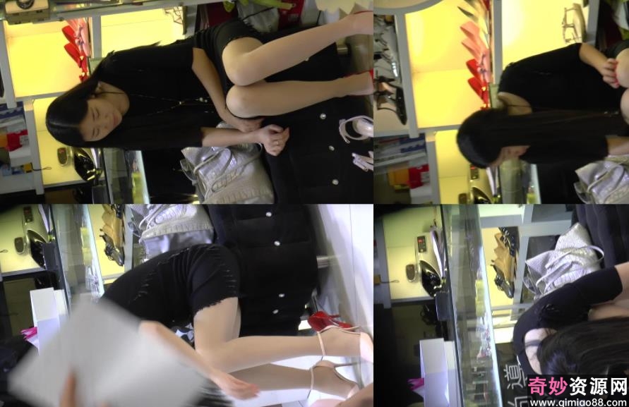 摄影师街拍试鞋的美眉粉色高跟